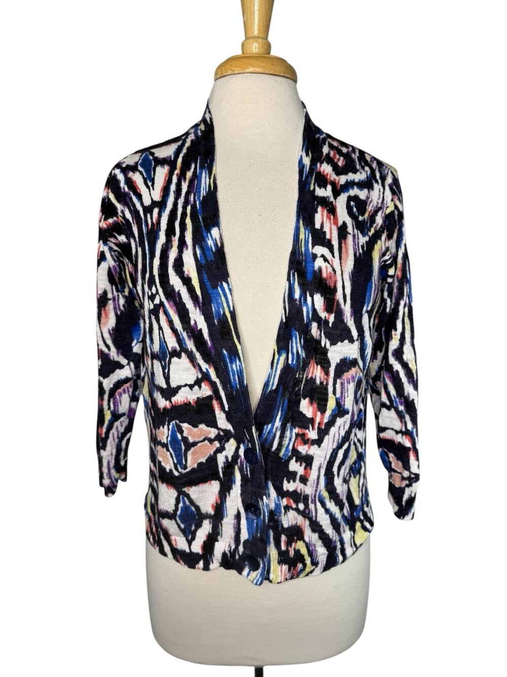CHICOS Linen Blend Kaleidoscope Cardigan Sweater Sz Medium (1) Black Multicolor